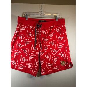 Of One Sea Mens Red Shaka Print Board Shorts Recycled Ocean Plastic Size 34